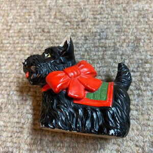 Vintage Antique Ceramic Black Scottie Figurine Red and Green Bow